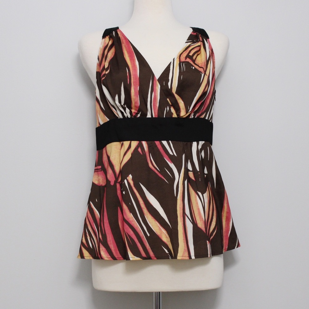 Vintage Pink and Brown Abstract Print V-Neck Top